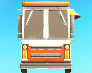 Front view of an orange-and-white food truck on a cyan background